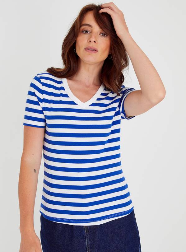 Blue & White Stripe V-Neck Slim Fit T-Shirt 14